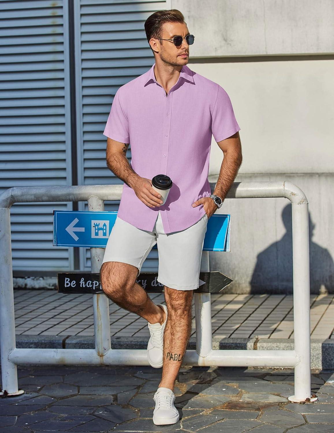 imageCOOFANDY Mens Casual Shirts Short Sleeve Button Down Shirt Wrinkle Free Summer ShirtLight Purple