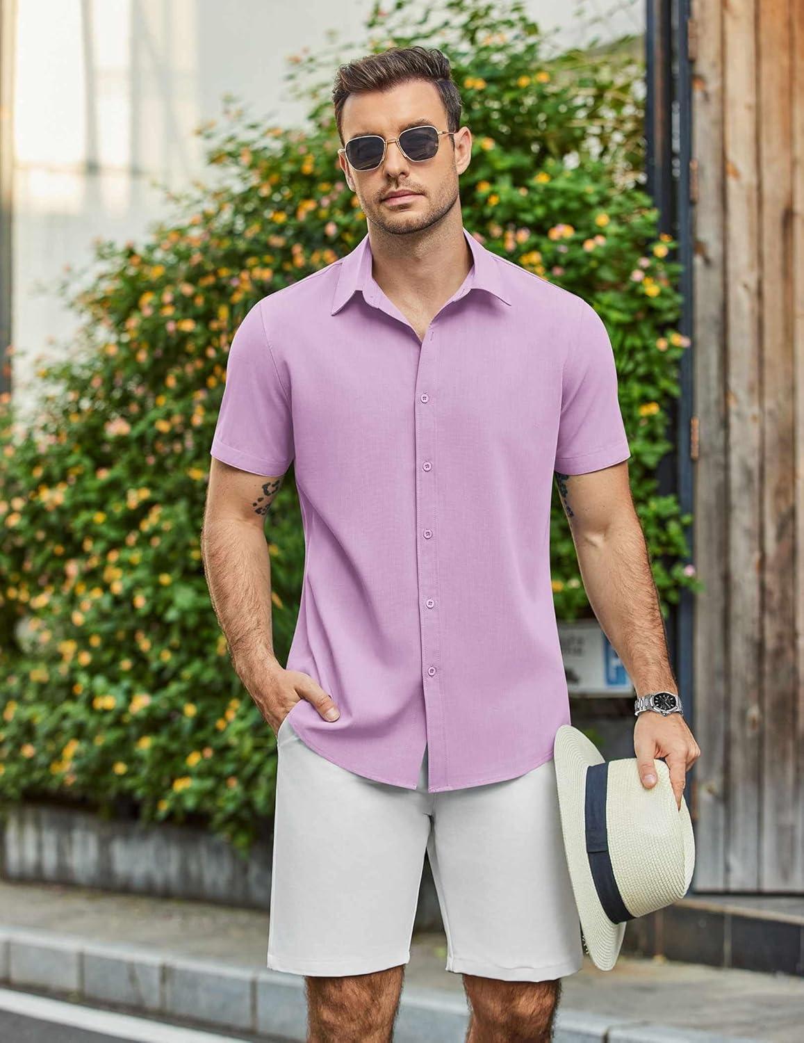 imageCOOFANDY Mens Casual Shirts Short Sleeve Button Down Shirt Wrinkle Free Summer ShirtLight Purple