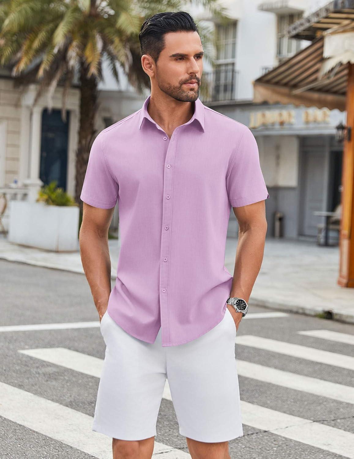 imageCOOFANDY Mens Casual Shirts Short Sleeve Button Down Shirt Wrinkle Free Summer ShirtLight Purple