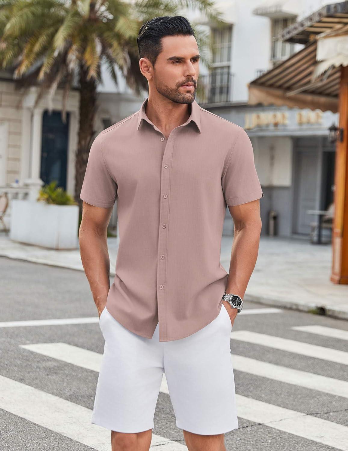 imageCOOFANDY Mens Casual Shirts Short Sleeve Button Down Shirt Wrinkle Free Summer ShirtPink