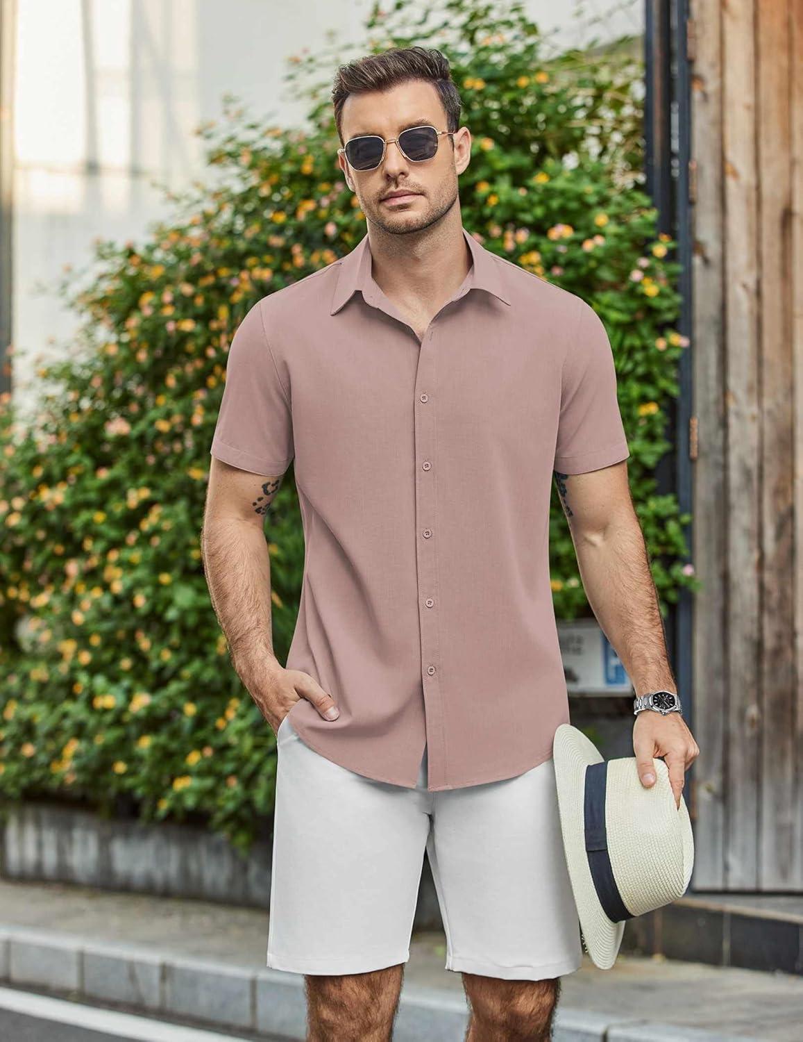 imageCOOFANDY Mens Casual Shirts Short Sleeve Button Down Shirt Wrinkle Free Summer ShirtPink