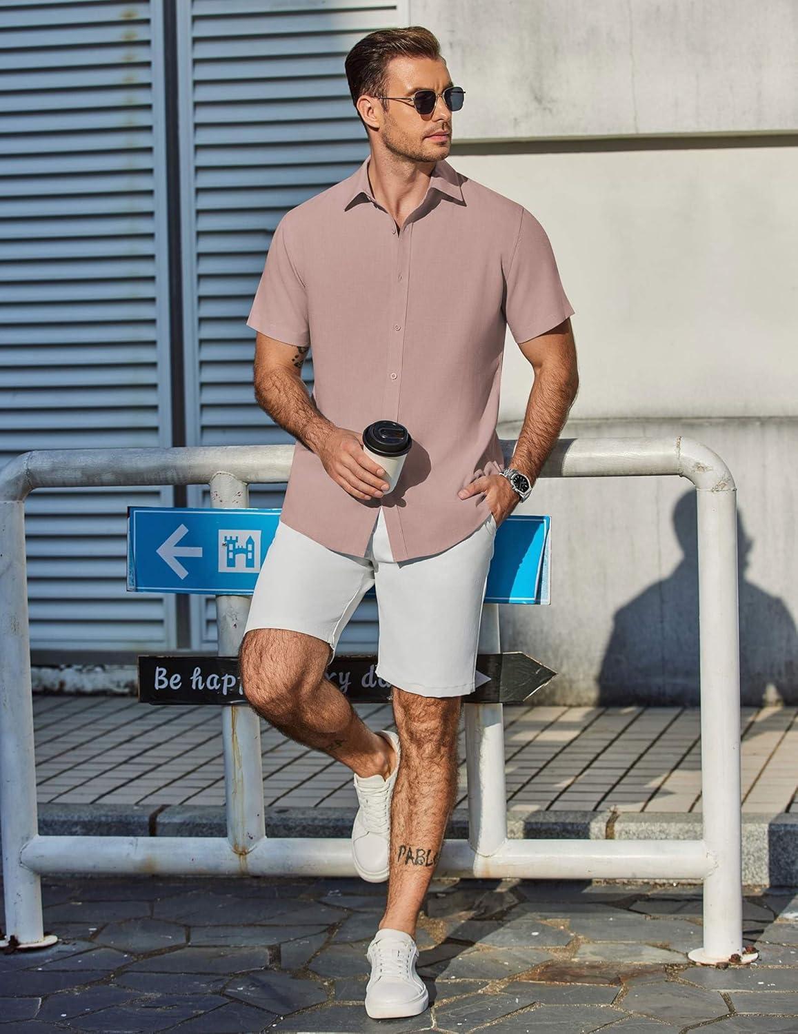 imageCOOFANDY Mens Casual Shirts Short Sleeve Button Down Shirt Wrinkle Free Summer ShirtPink