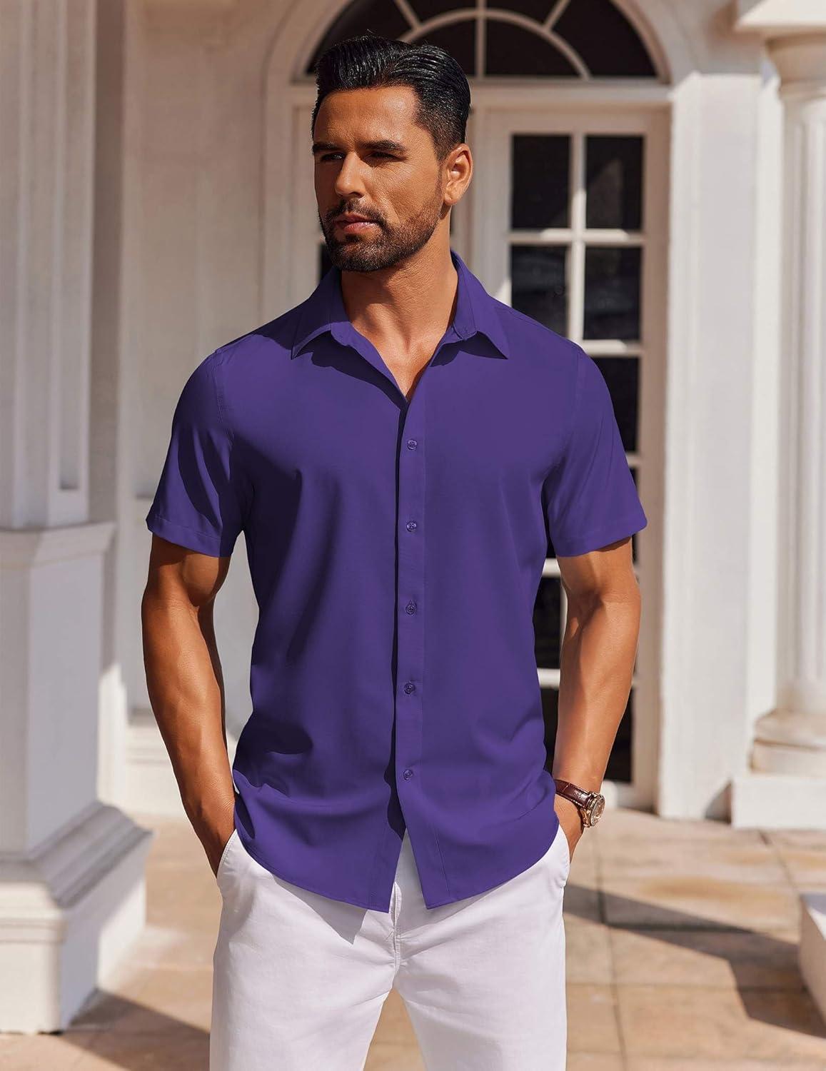 imageCOOFANDY Mens Casual Shirts Short Sleeve Button Down Shirt Wrinkle Free Summer ShirtPurple