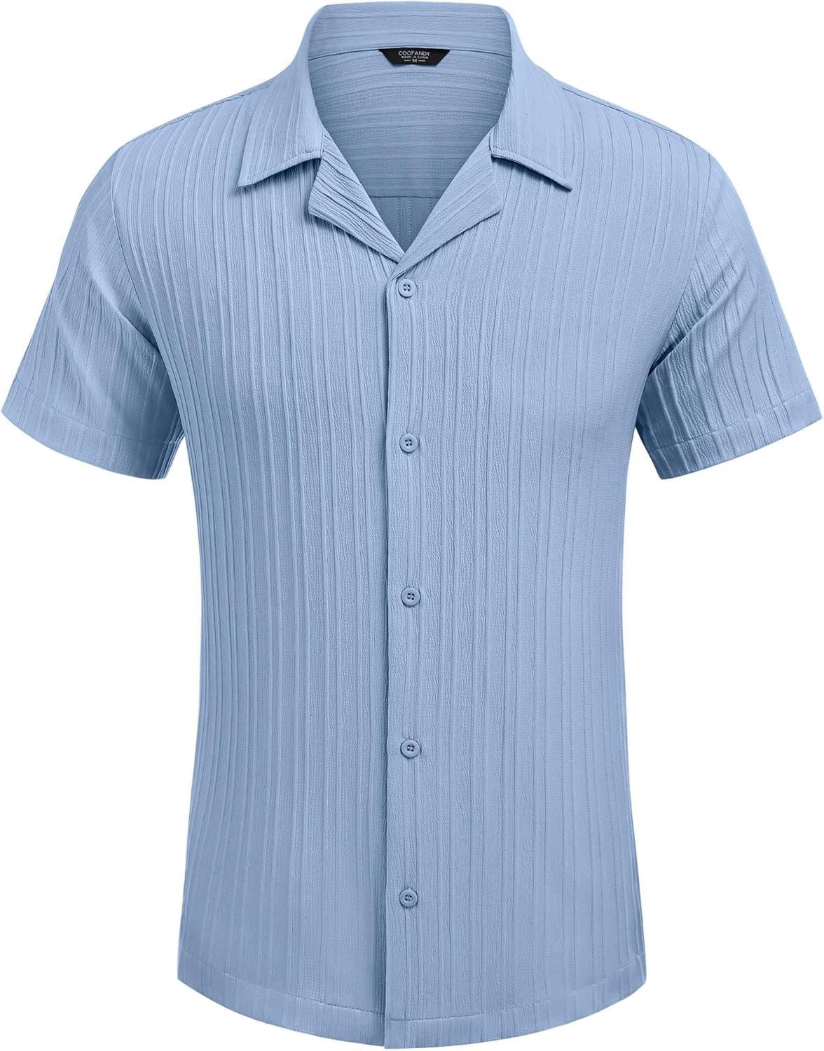 imageCOOFANDY Mens Casual Shirts Short Sleeve Button Down Shirts Fashion Textured Summer Beach ShirtBlue