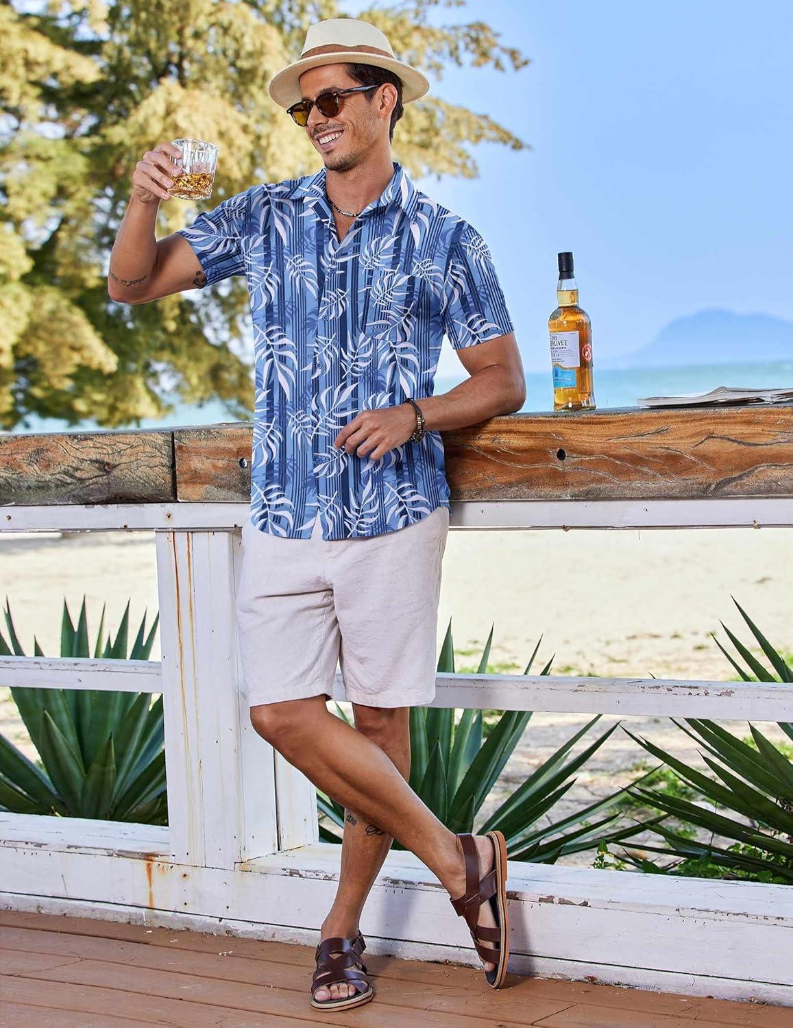 imageCOOFANDY Mens Casual Short Sleeve Shirts Summer Beach Shirt Button Down Textured Shirts Vacation Hawaiian ShirtsBlueplam Leaves