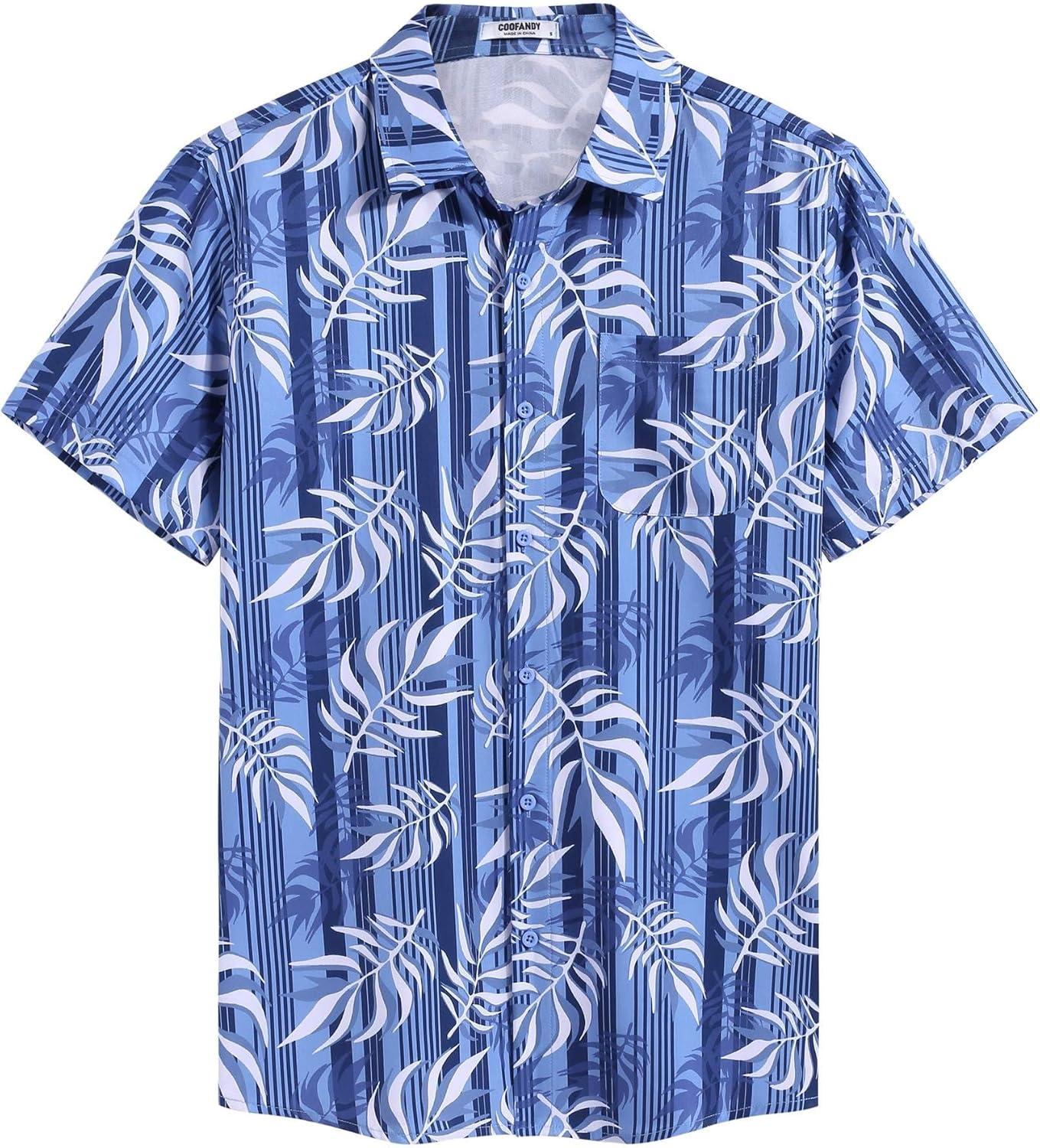 imageCOOFANDY Mens Casual Short Sleeve Shirts Summer Beach Shirt Button Down Textured Shirts Vacation Hawaiian ShirtsBlueplam Leaves