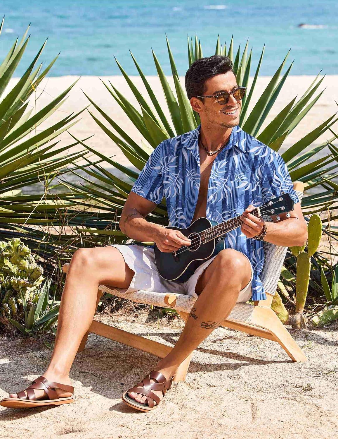 imageCOOFANDY Mens Casual Short Sleeve Shirts Summer Beach Shirt Button Down Textured Shirts Vacation Hawaiian ShirtsBlueplam Leaves