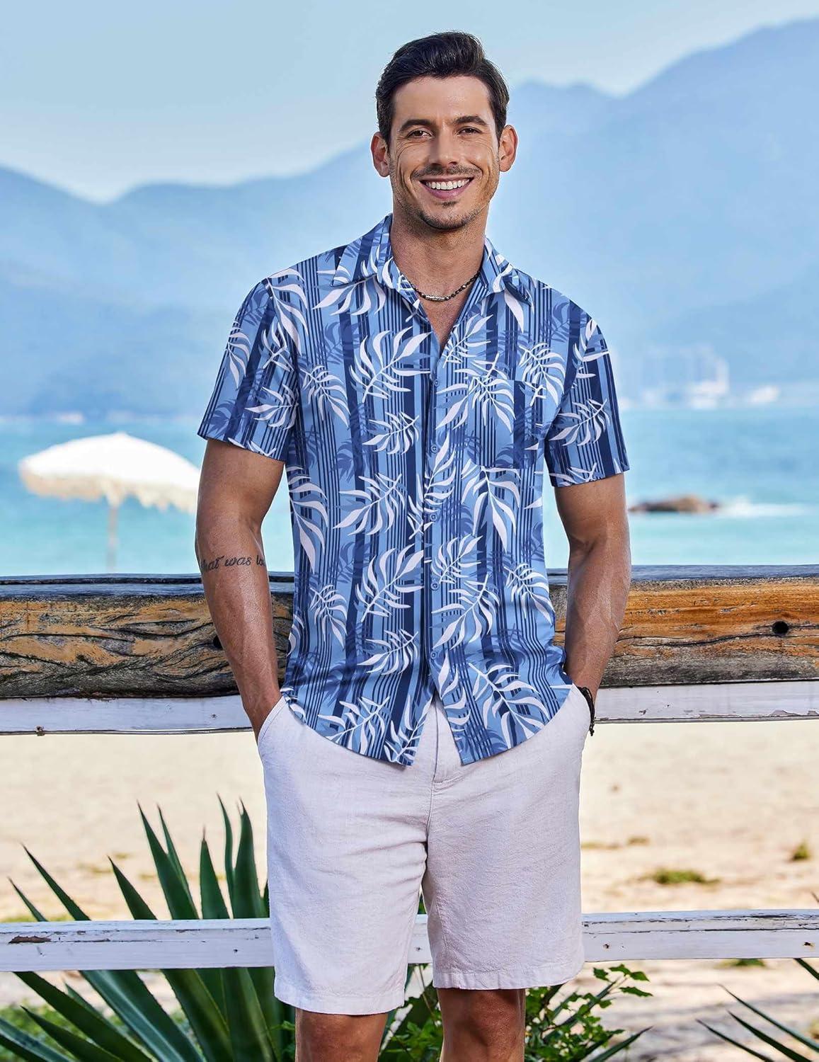 imageCOOFANDY Mens Casual Short Sleeve Shirts Summer Beach Shirt Button Down Textured Shirts Vacation Hawaiian ShirtsBlueplam Leaves