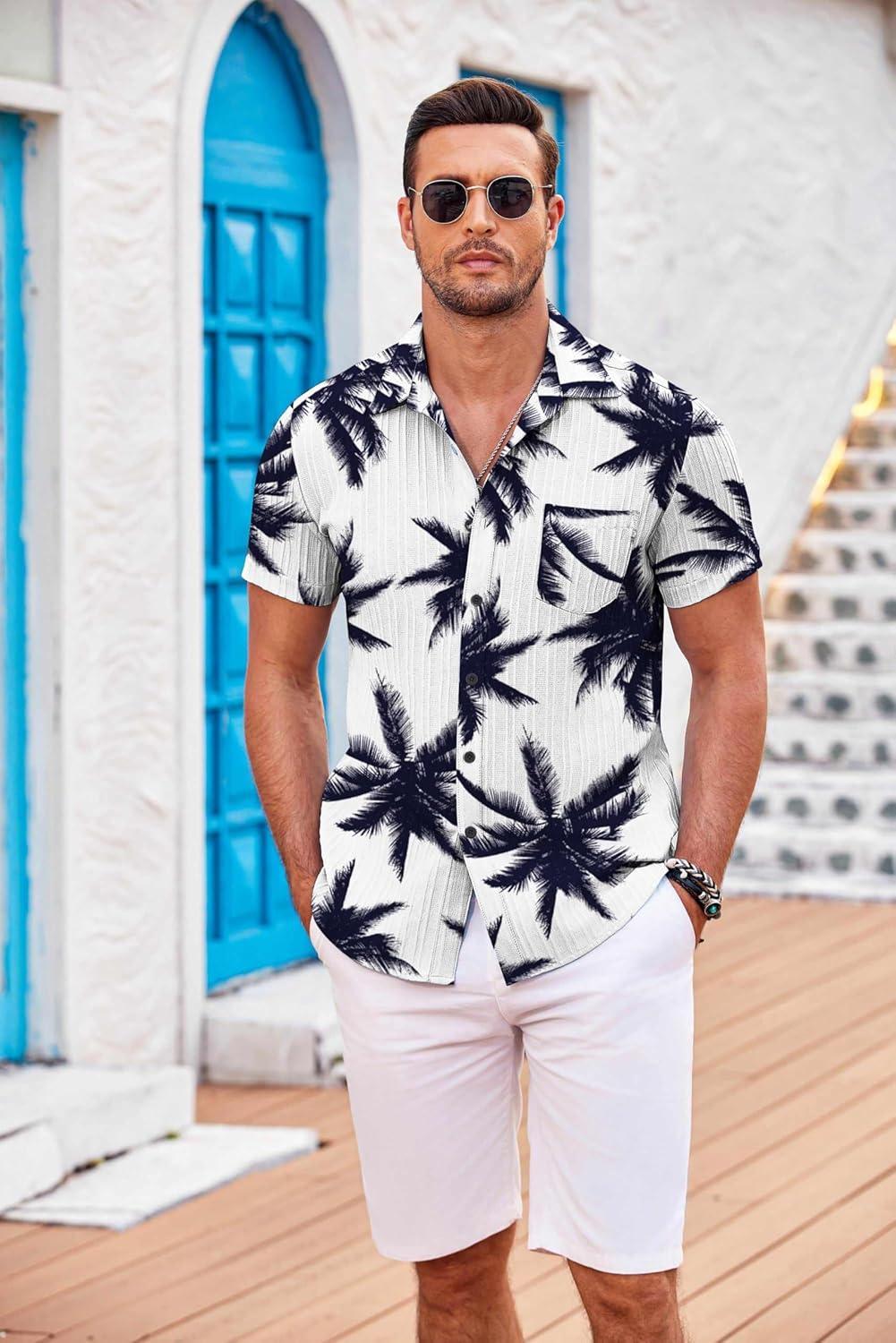 imageCOOFANDY Mens Casual Short Sleeve Shirts Summer Beach Shirt Button Down Textured Shirts Vacation Hawaiian ShirtsCoconut Treenavy
