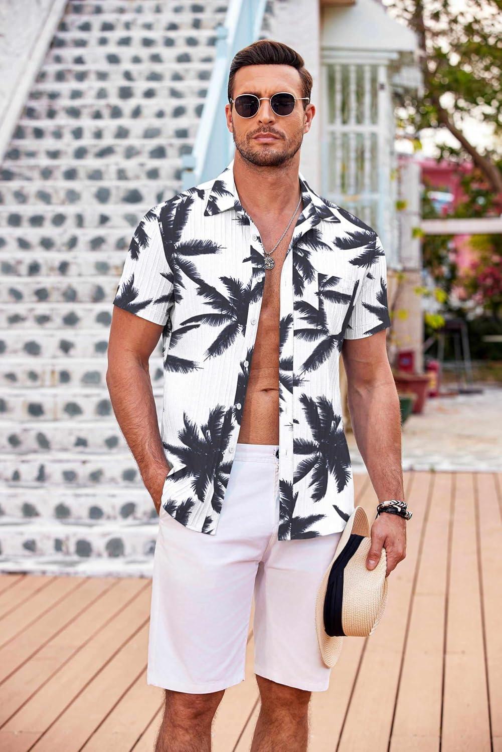 imageCOOFANDY Mens Casual Short Sleeve Shirts Summer Beach Shirt Button Down Textured Shirts Vacation Hawaiian ShirtsCoconut Treenavy