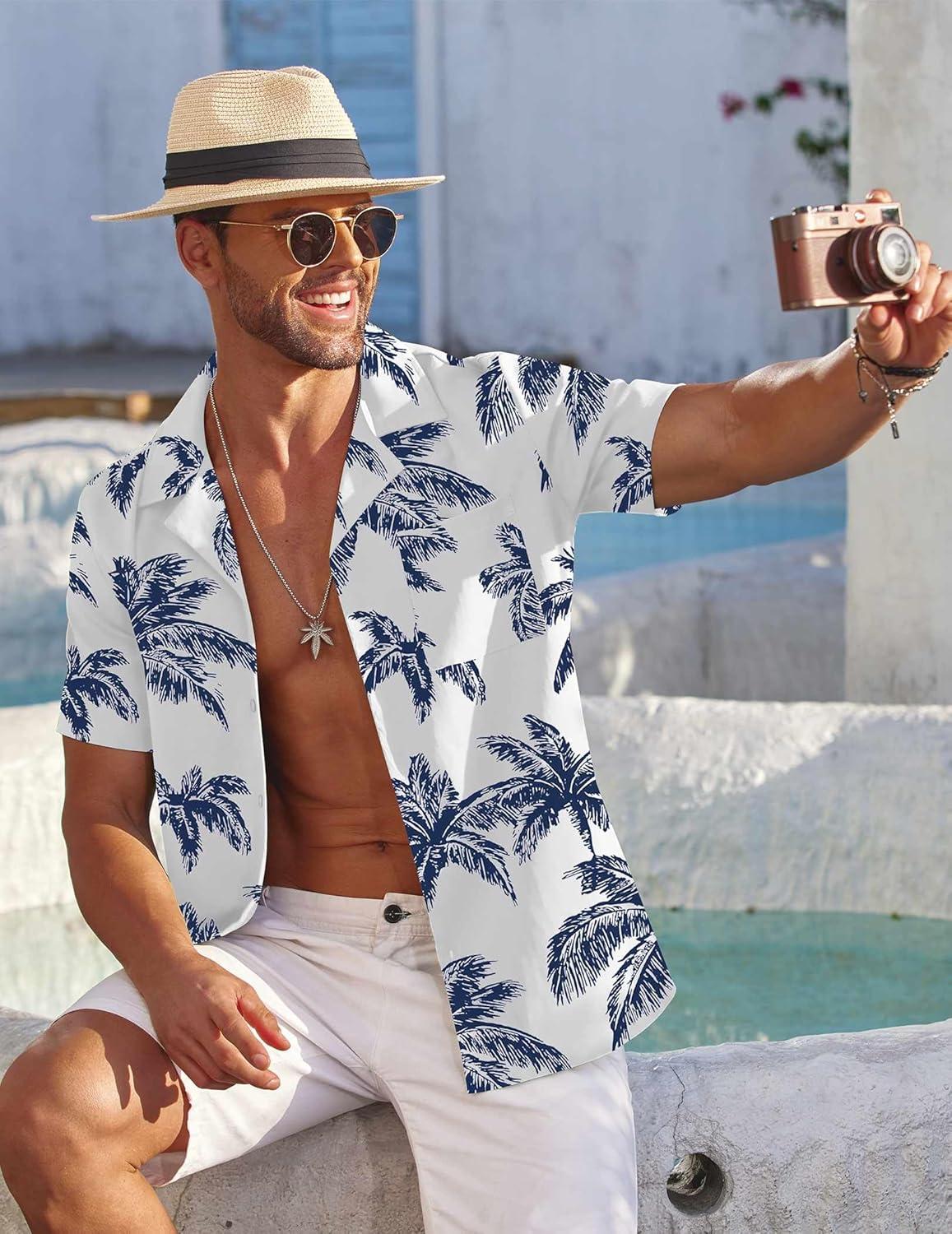 imageCOOFANDY Mens Casual Short Sleeve Shirts Summer Beach Shirt Button Down Textured Shirts Vacation Hawaiian ShirtsCoconut Treewhite