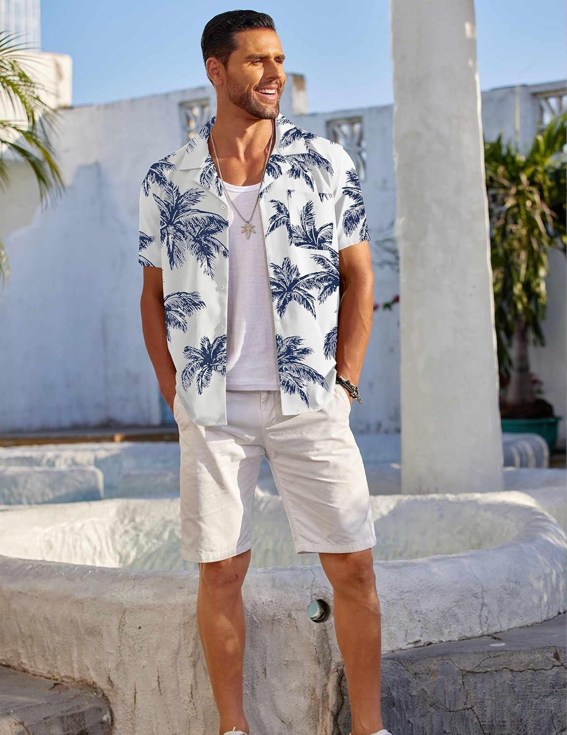 imageCOOFANDY Mens Casual Short Sleeve Shirts Summer Beach Shirt Button Down Textured Shirts Vacation Hawaiian ShirtsCoconut Treewhite