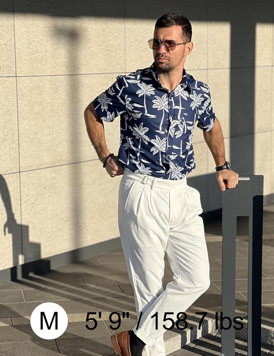 imageCOOFANDY Mens Casual Short Sleeve Shirts Summer Beach Shirt Button Down Textured Shirts Vacation Hawaiian ShirtsDark Blue Palm Tree