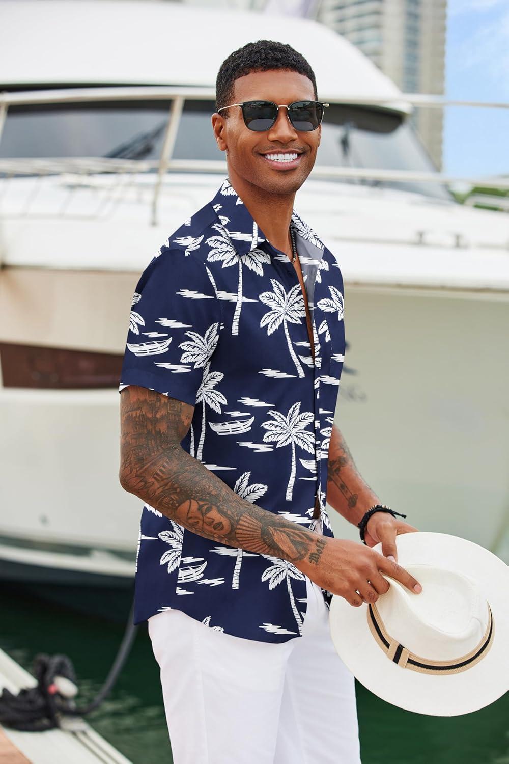 imageCOOFANDY Mens Casual Short Sleeve Shirts Summer Beach Shirt Button Down Textured Shirts Vacation Hawaiian ShirtsDark Blue Palm Tree