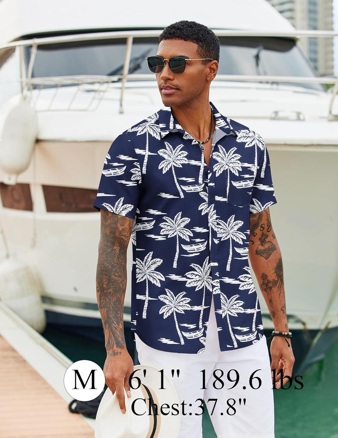 imageCOOFANDY Mens Casual Short Sleeve Shirts Summer Beach Shirt Button Down Textured Shirts Vacation Hawaiian ShirtsDark Blue Palm Tree