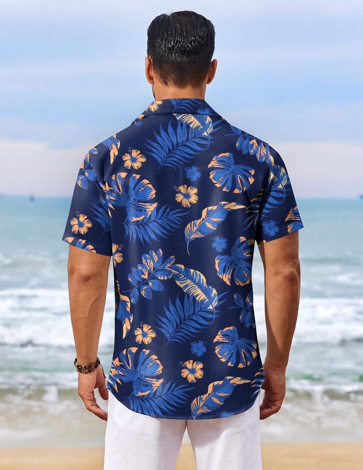 imageCOOFANDY Mens Casual Short Sleeve Shirts Summer Beach Shirt Button Down Textured Shirts Vacation Hawaiian ShirtsDeep Blue Leaf