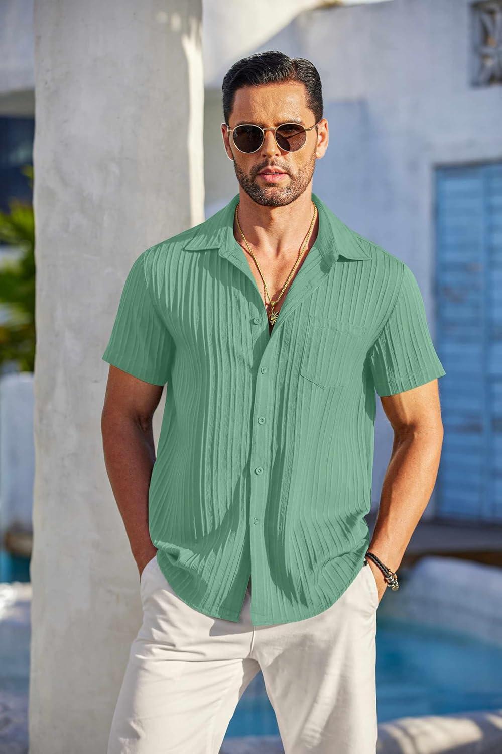 imageCOOFANDY Mens Casual Short Sleeve Shirts Summer Beach Shirt Button Down Textured Shirts Vacation Hawaiian ShirtsGray Green