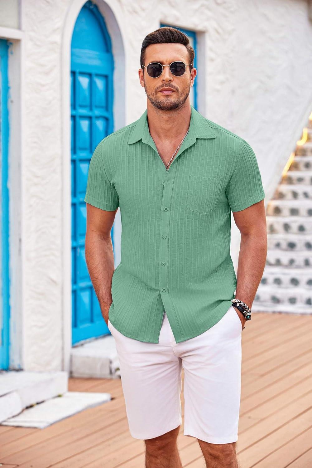 imageCOOFANDY Mens Casual Short Sleeve Shirts Summer Beach Shirt Button Down Textured Shirts Vacation Hawaiian ShirtsGray Green