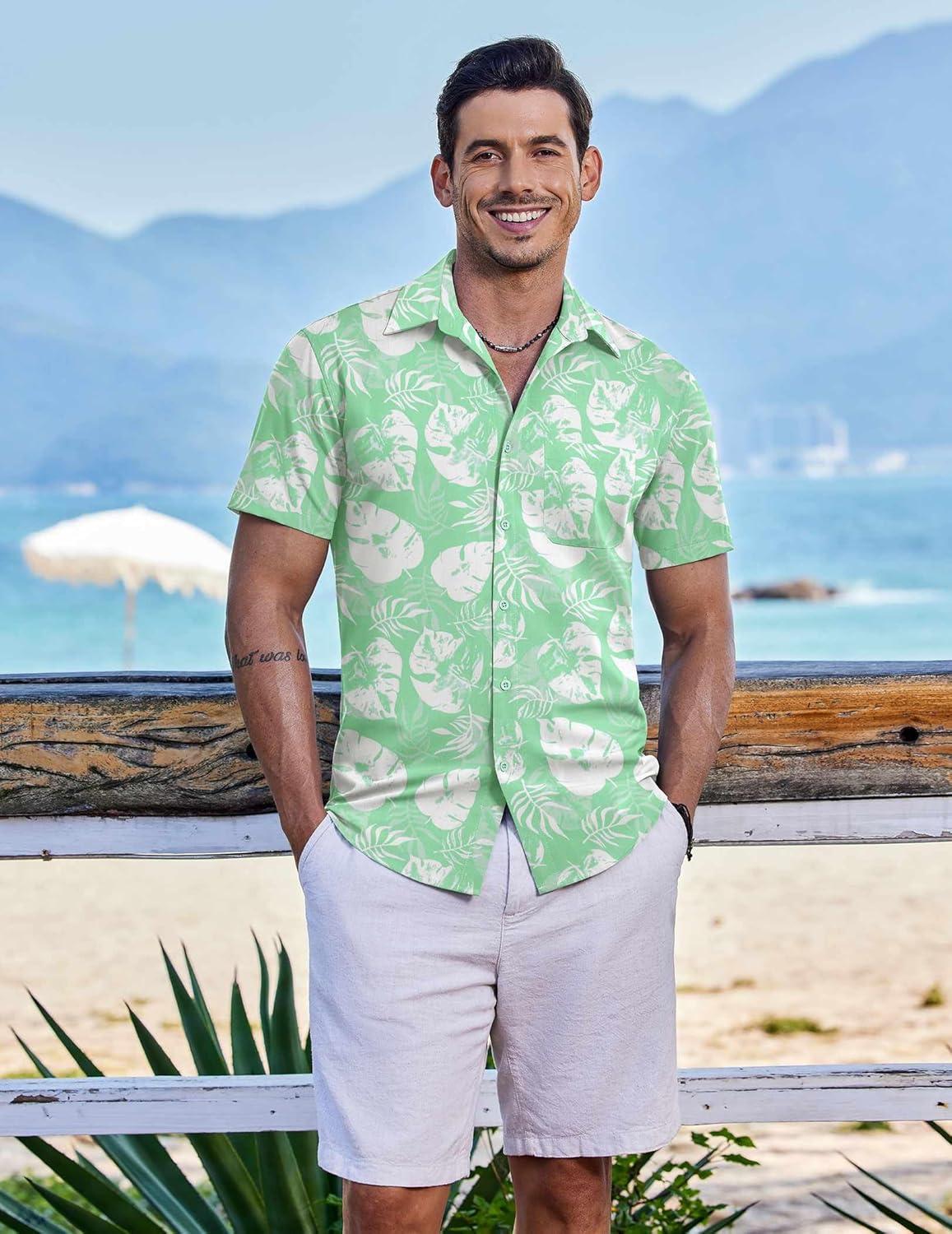 imageCOOFANDY Mens Casual Short Sleeve Shirts Summer Beach Shirt Button Down Textured Shirts Vacation Hawaiian ShirtsGreenwhite Leaves