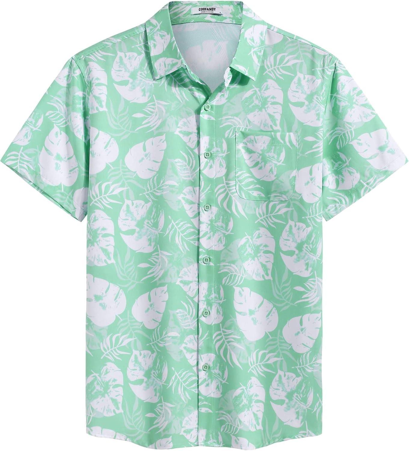 imageCOOFANDY Mens Casual Short Sleeve Shirts Summer Beach Shirt Button Down Textured Shirts Vacation Hawaiian ShirtsGreenwhite Leaves
