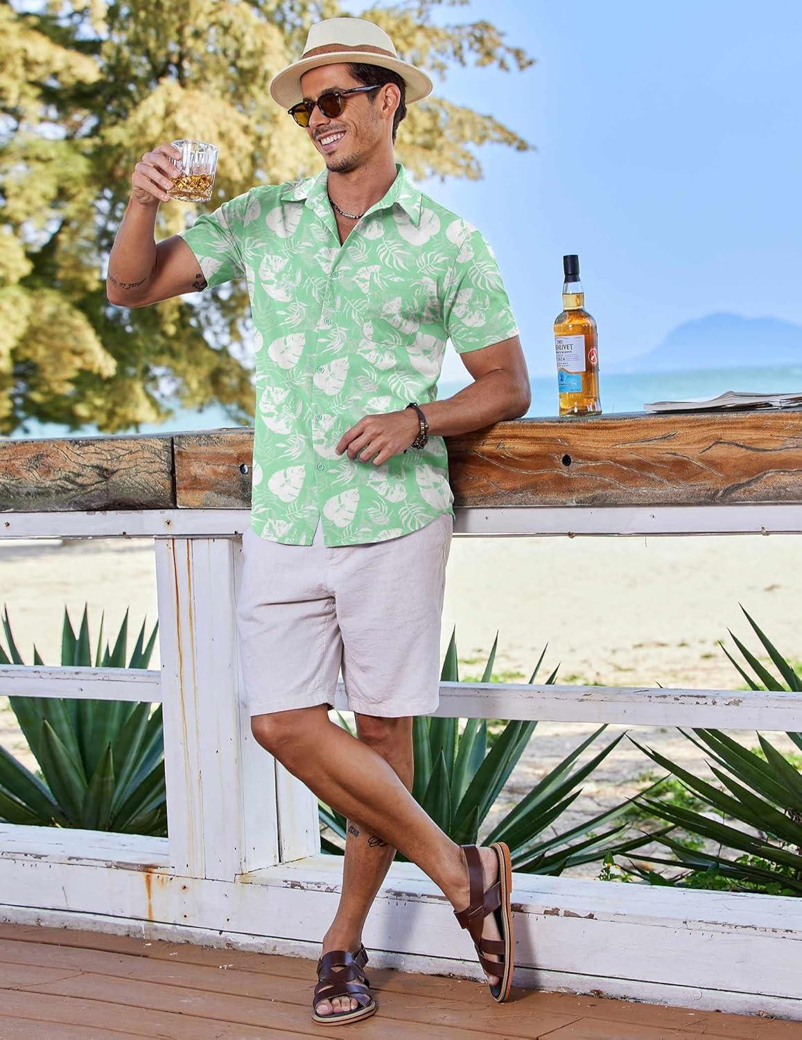 imageCOOFANDY Mens Casual Short Sleeve Shirts Summer Beach Shirt Button Down Textured Shirts Vacation Hawaiian ShirtsGreenwhite Leaves