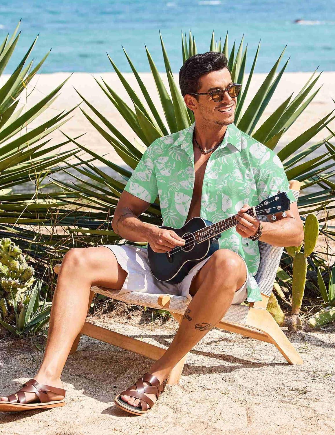 imageCOOFANDY Mens Casual Short Sleeve Shirts Summer Beach Shirt Button Down Textured Shirts Vacation Hawaiian ShirtsGreenwhite Leaves