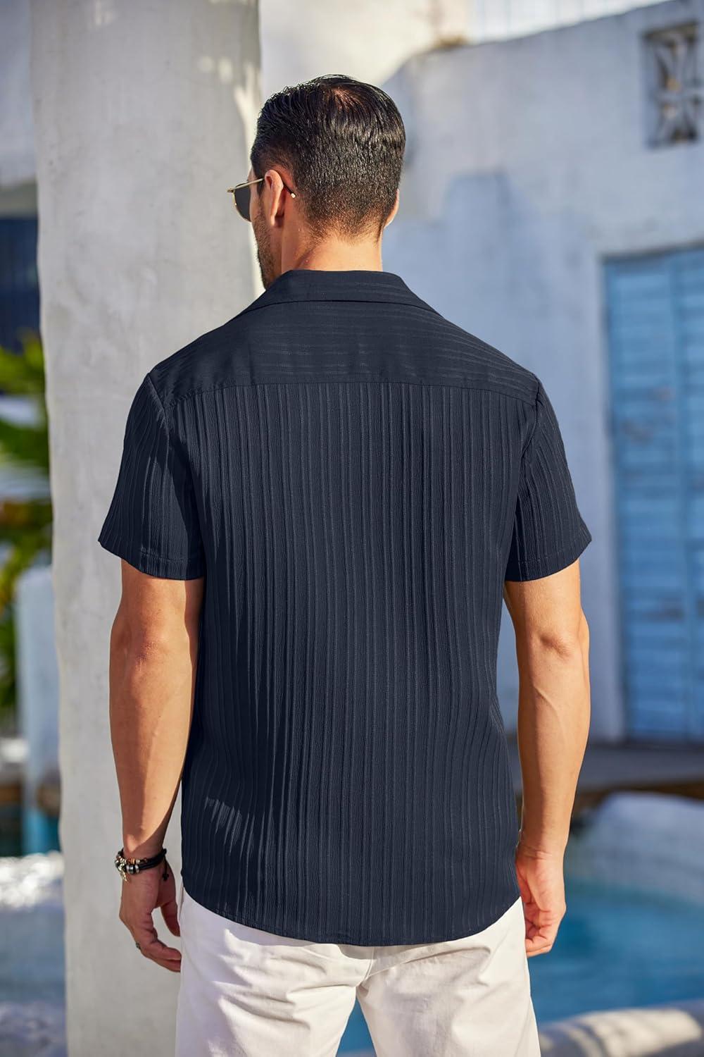 imageCOOFANDY Mens Casual Short Sleeve Shirts Summer Beach Shirt Button Down Textured Shirts Vacation Hawaiian ShirtsIndigo