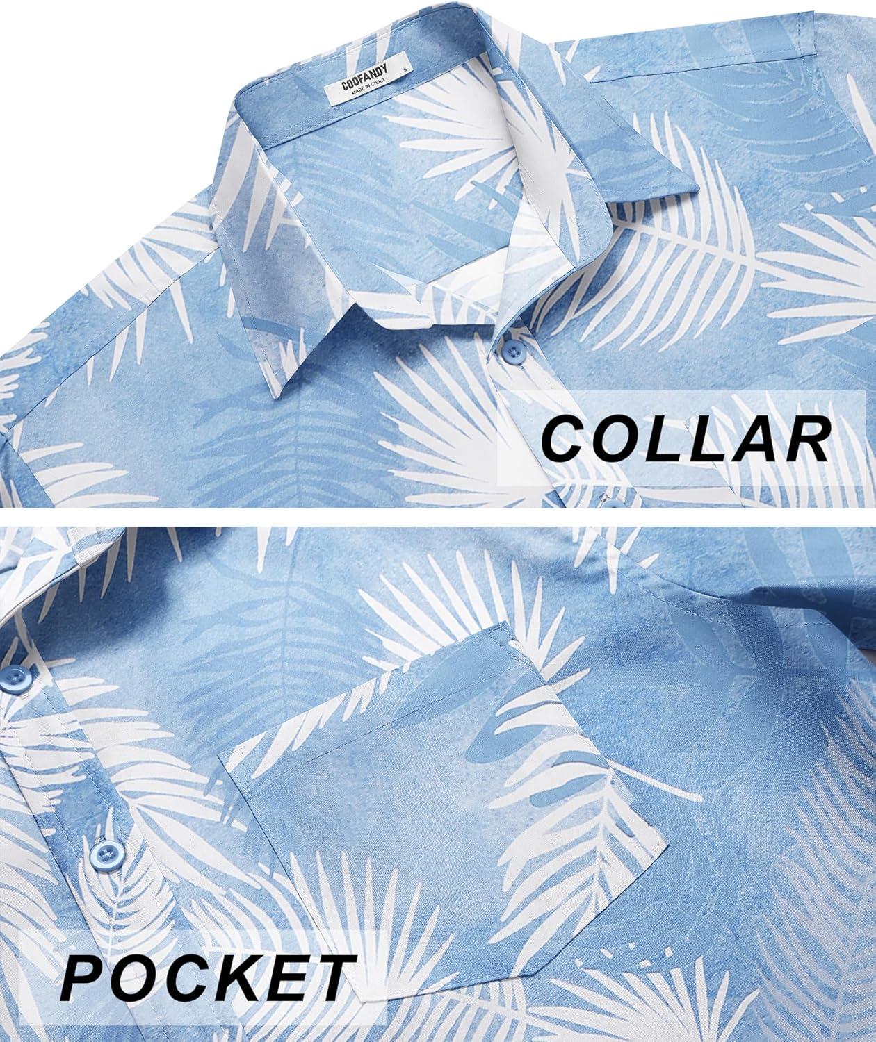 imageCOOFANDY Mens Casual Short Sleeve Shirts Summer Beach Shirt Button Down Textured Shirts Vacation Hawaiian ShirtsLight Blue Plam Leaf