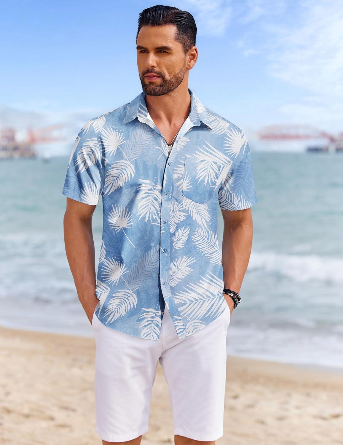 imageCOOFANDY Mens Casual Short Sleeve Shirts Summer Beach Shirt Button Down Textured Shirts Vacation Hawaiian ShirtsLight Blue Plam Leaf
