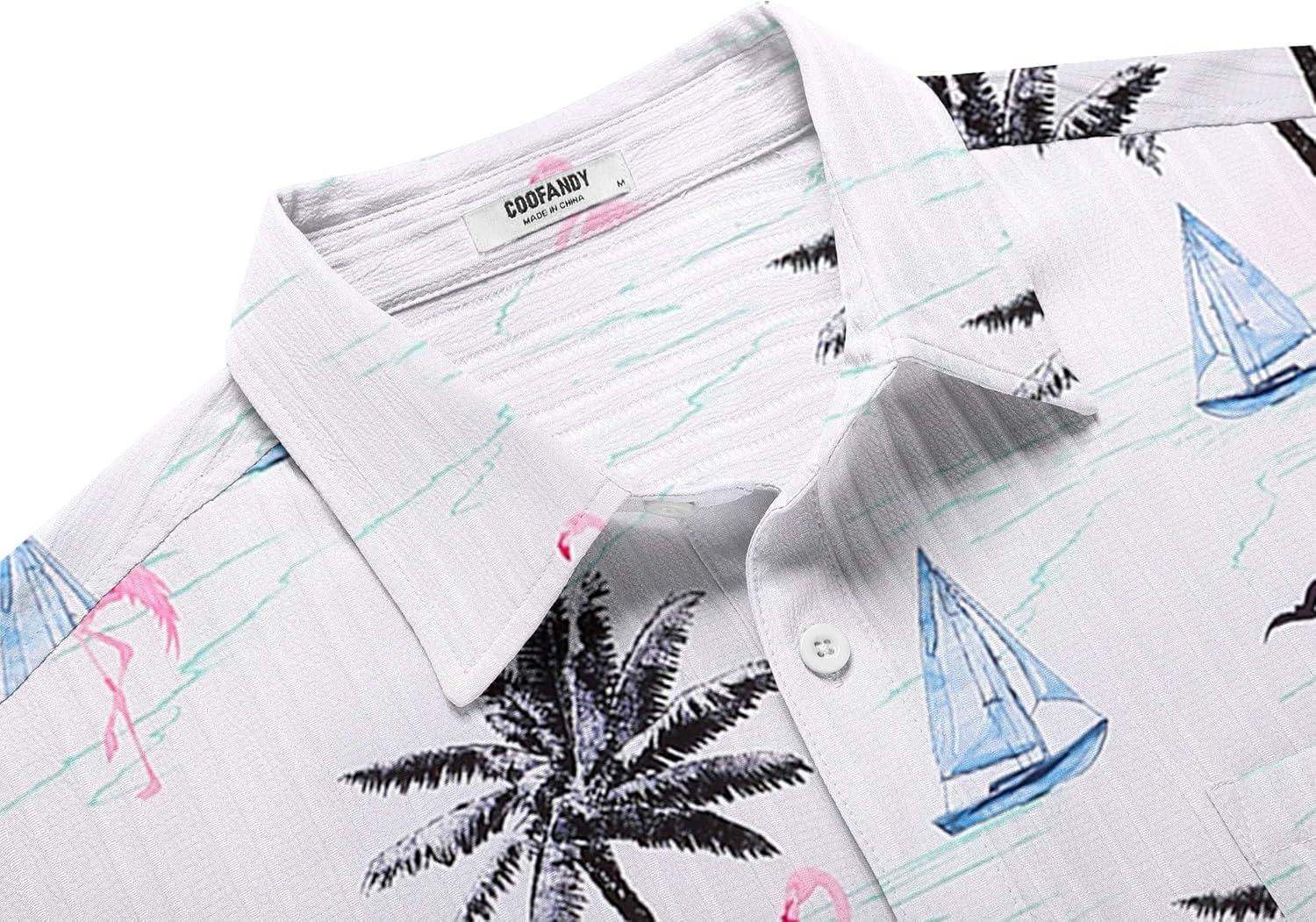 imageCOOFANDY Mens Casual Short Sleeve Shirts Summer Beach Shirt Button Down Textured Shirts Vacation Hawaiian ShirtsLight Blueisland