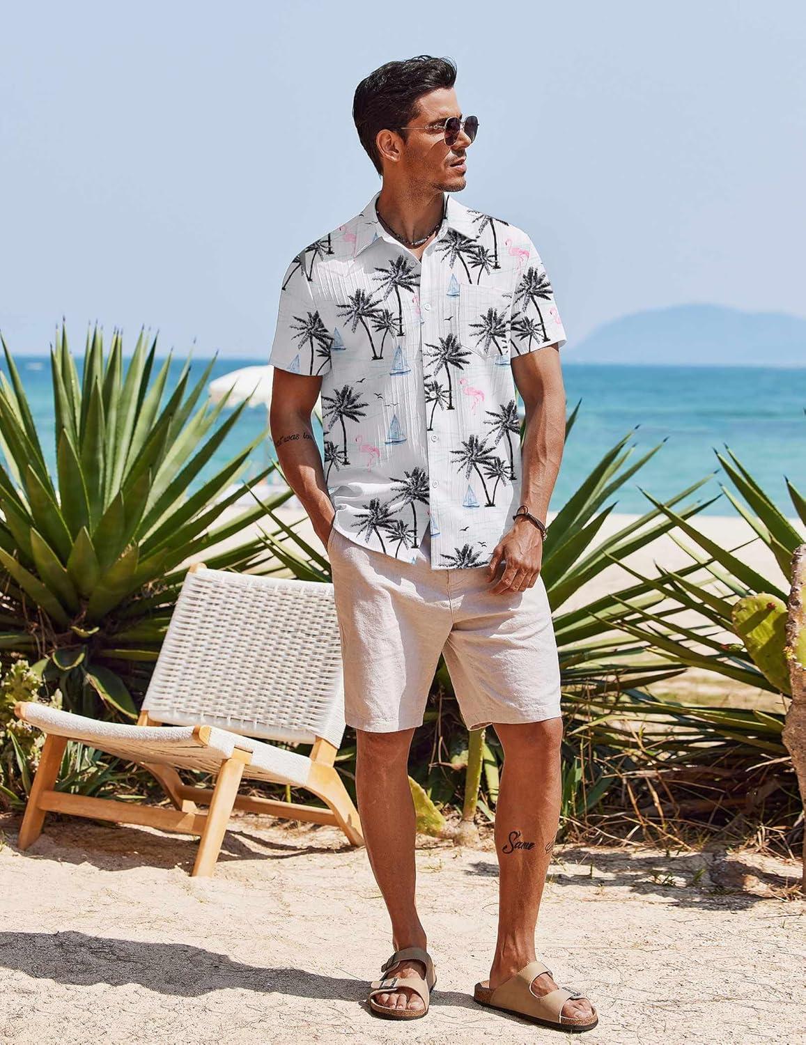 imageCOOFANDY Mens Casual Short Sleeve Shirts Summer Beach Shirt Button Down Textured Shirts Vacation Hawaiian ShirtsLight Blueisland