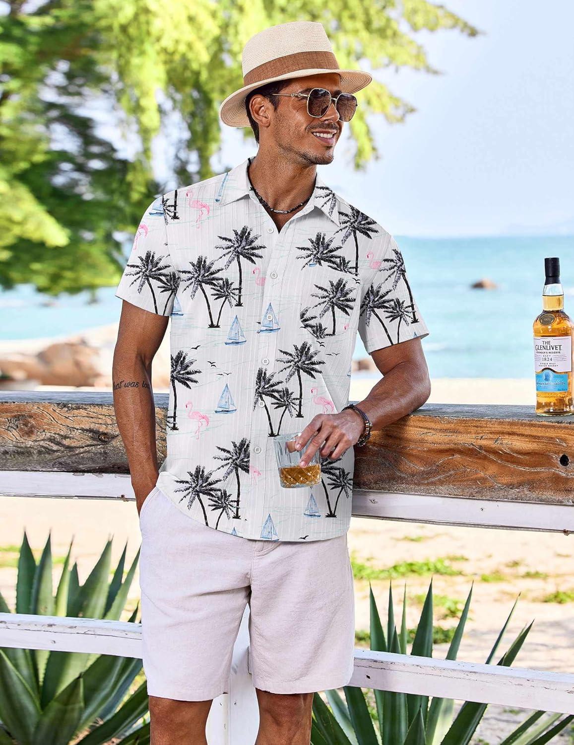 imageCOOFANDY Mens Casual Short Sleeve Shirts Summer Beach Shirt Button Down Textured Shirts Vacation Hawaiian ShirtsLight Blueisland