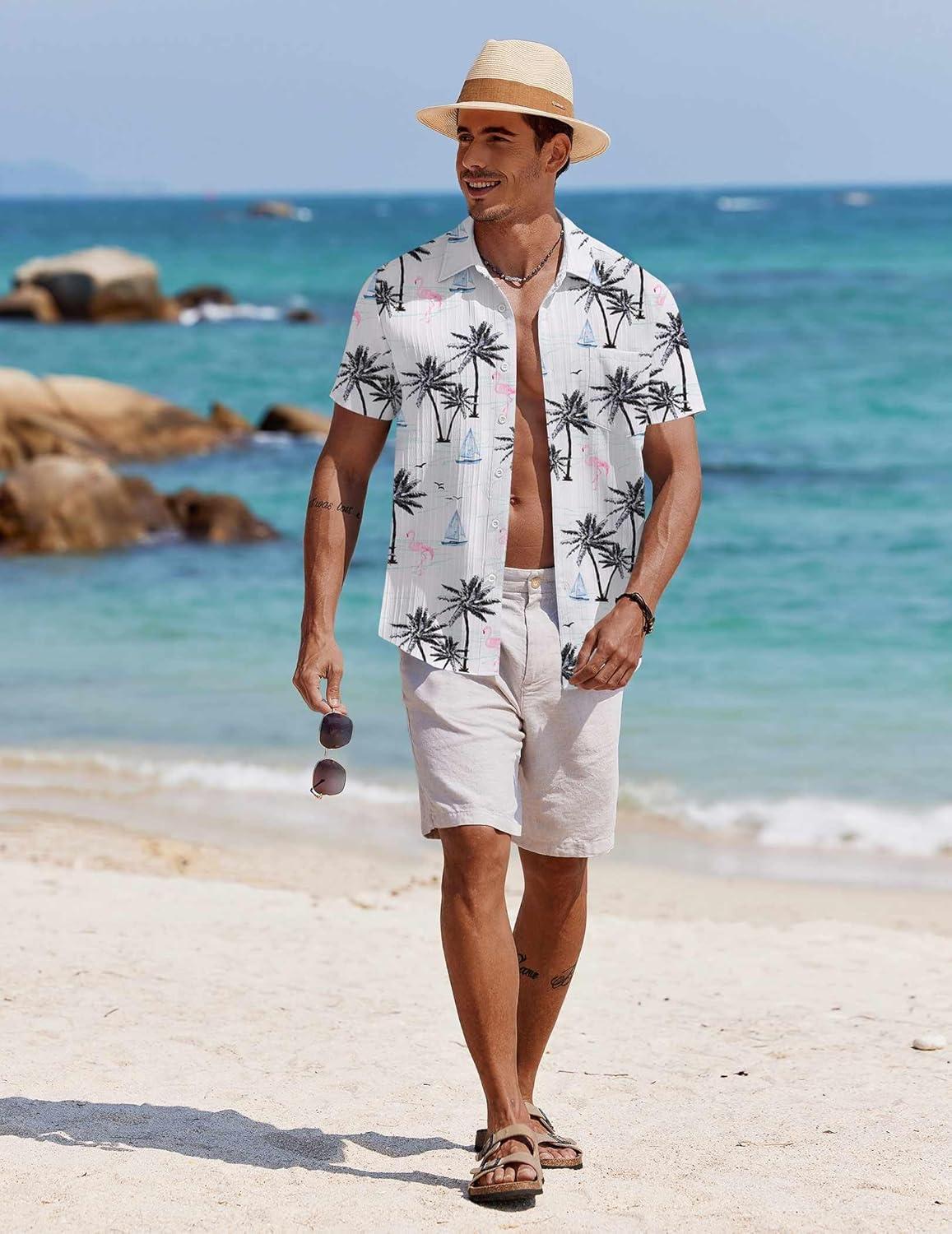 imageCOOFANDY Mens Casual Short Sleeve Shirts Summer Beach Shirt Button Down Textured Shirts Vacation Hawaiian ShirtsLight Blueisland