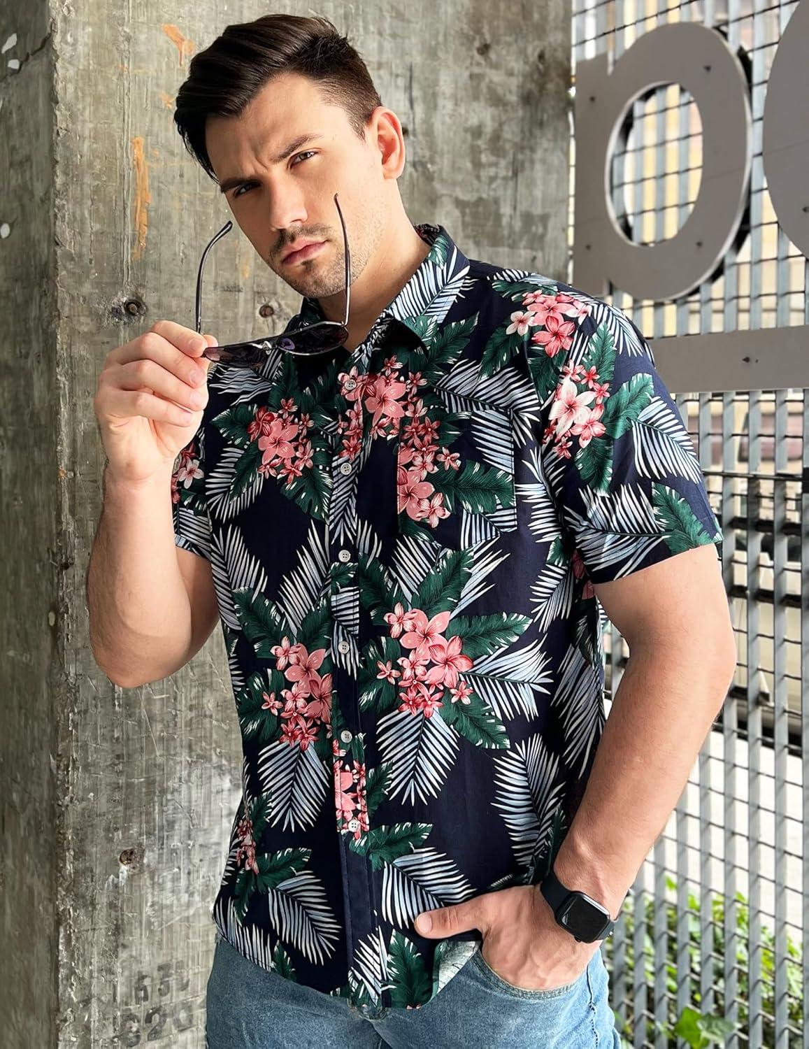 imageCOOFANDY Mens Casual Short Sleeve Shirts Summer Beach Shirt Button Down Textured Shirts Vacation Hawaiian ShirtsNavy Blue Plam Leaf