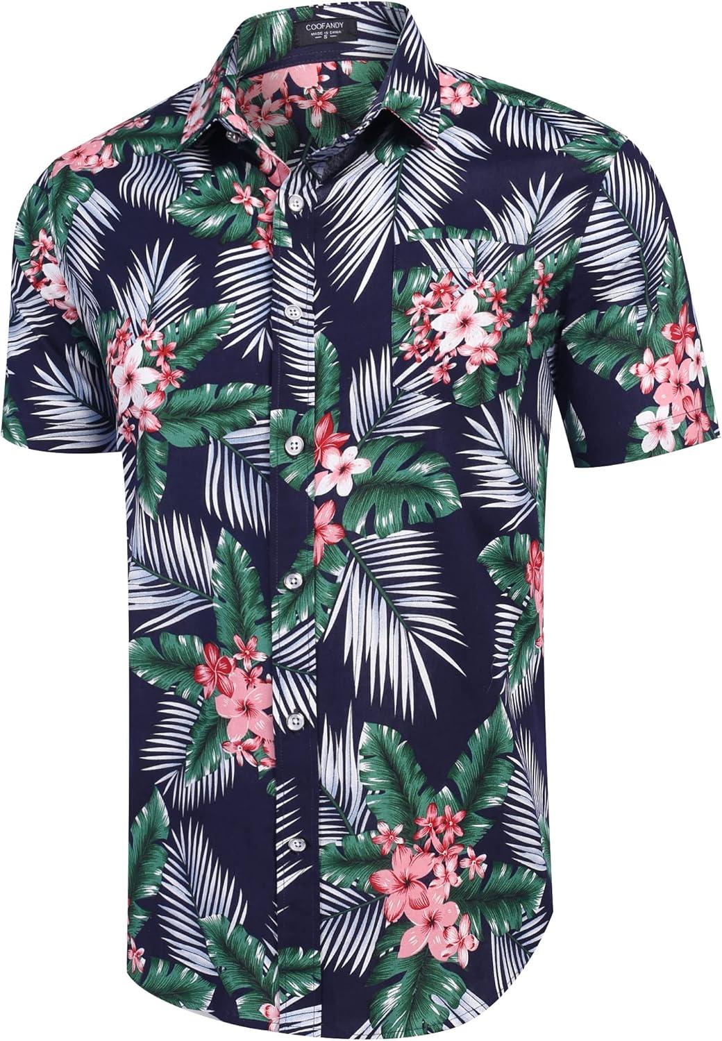imageCOOFANDY Mens Casual Short Sleeve Shirts Summer Beach Shirt Button Down Textured Shirts Vacation Hawaiian ShirtsNavy Blue Plam Leaf