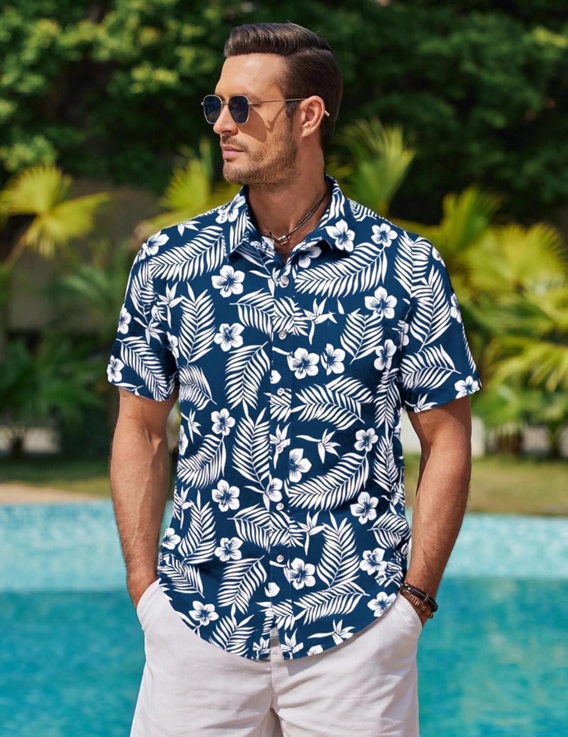 imageCOOFANDY Mens Casual Short Sleeve Shirts Summer Beach Shirt Button Down Textured Shirts Vacation Hawaiian ShirtsNavy Blue White Leaf