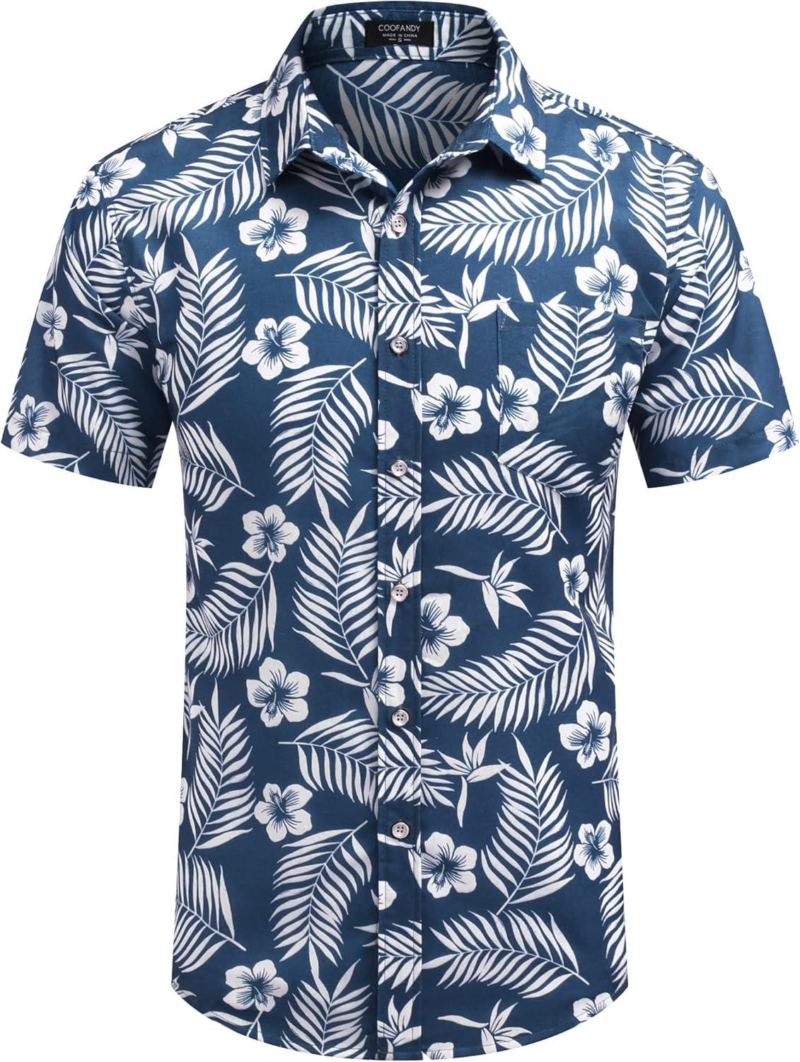 imageCOOFANDY Mens Casual Short Sleeve Shirts Summer Beach Shirt Button Down Textured Shirts Vacation Hawaiian ShirtsNavy Blue White Leaf