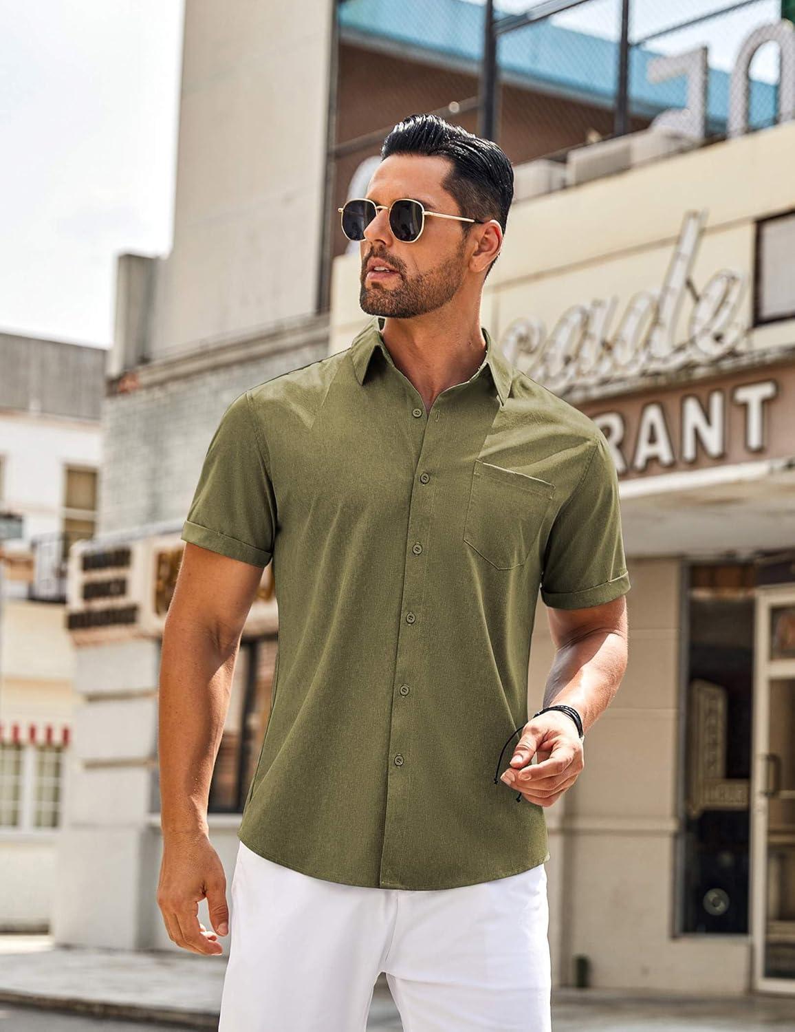 imageCOOFANDY Mens Casual Short Sleeve Shirts Summer Beach Shirt Button Down Textured Shirts Vacation Hawaiian ShirtsOlive Green