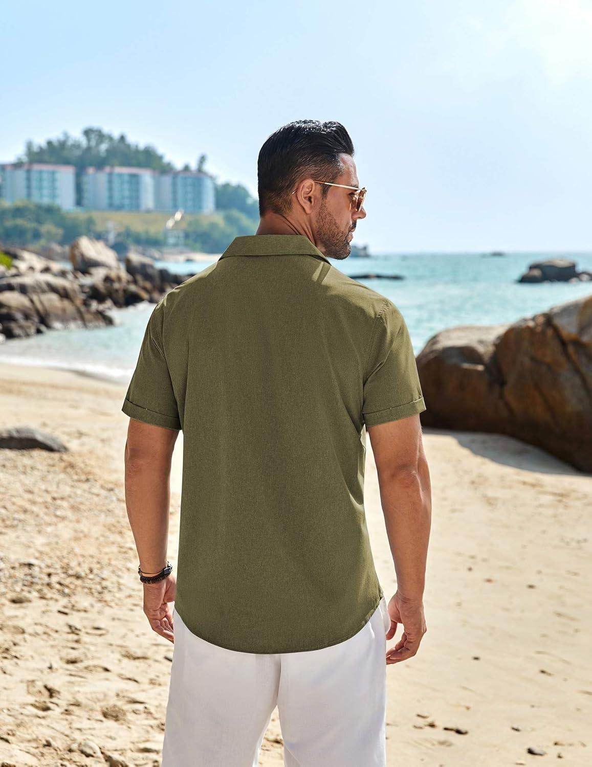 imageCOOFANDY Mens Casual Short Sleeve Shirts Summer Beach Shirt Button Down Textured Shirts Vacation Hawaiian ShirtsOlive Green