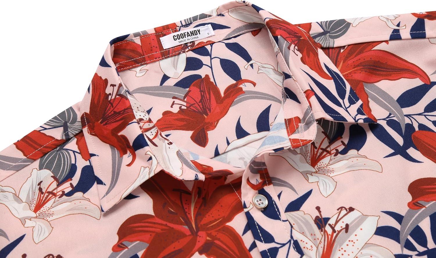 imageCOOFANDY Mens Casual Short Sleeve Shirts Summer Beach Shirt Button Down Textured Shirts Vacation Hawaiian ShirtsPink Red Floral