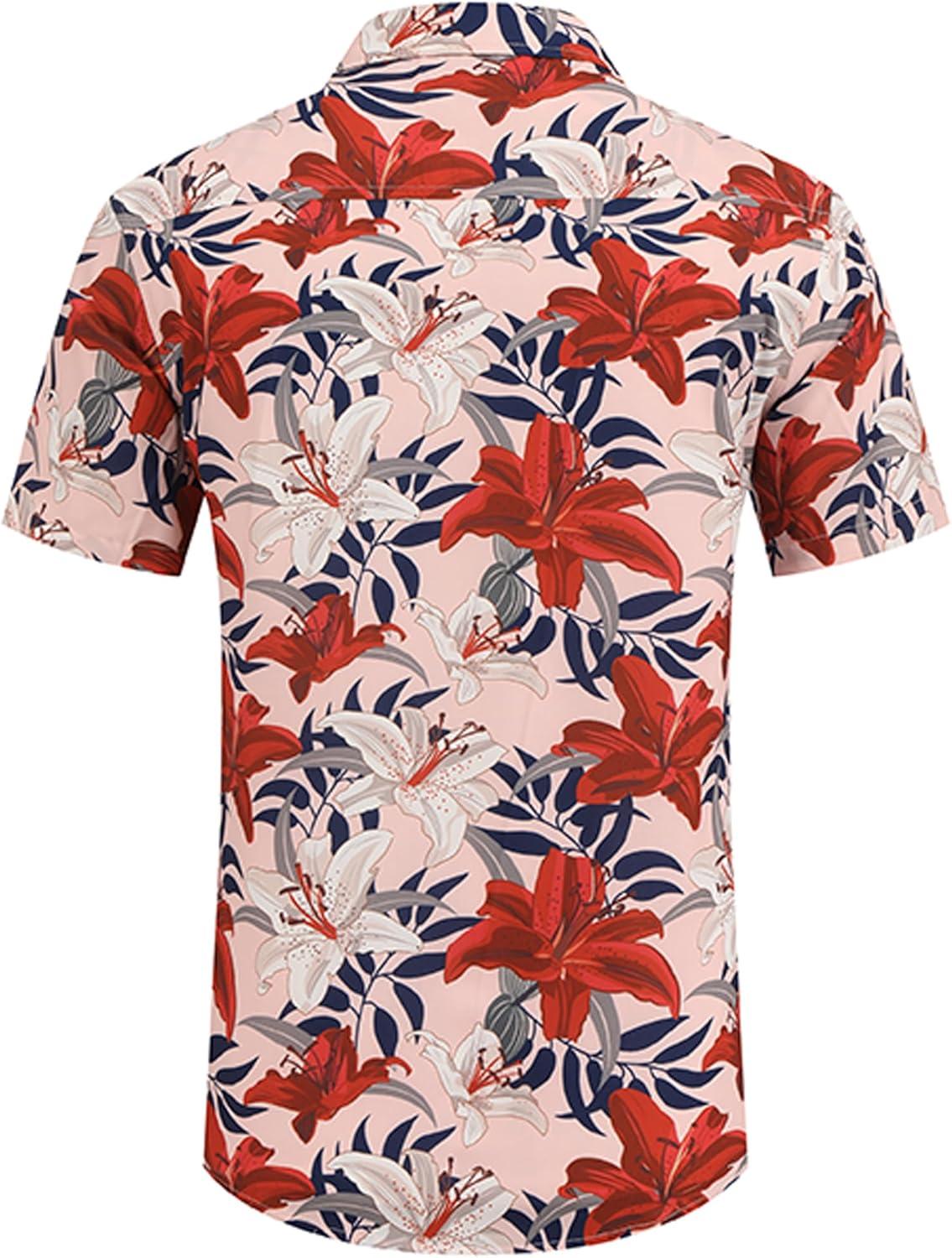imageCOOFANDY Mens Casual Short Sleeve Shirts Summer Beach Shirt Button Down Textured Shirts Vacation Hawaiian ShirtsPink Red Floral