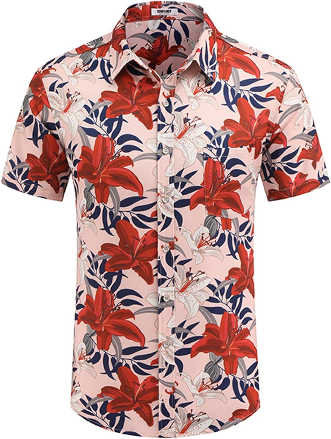 imageCOOFANDY Mens Casual Short Sleeve Shirts Summer Beach Shirt Button Down Textured Shirts Vacation Hawaiian ShirtsPink Red Floral