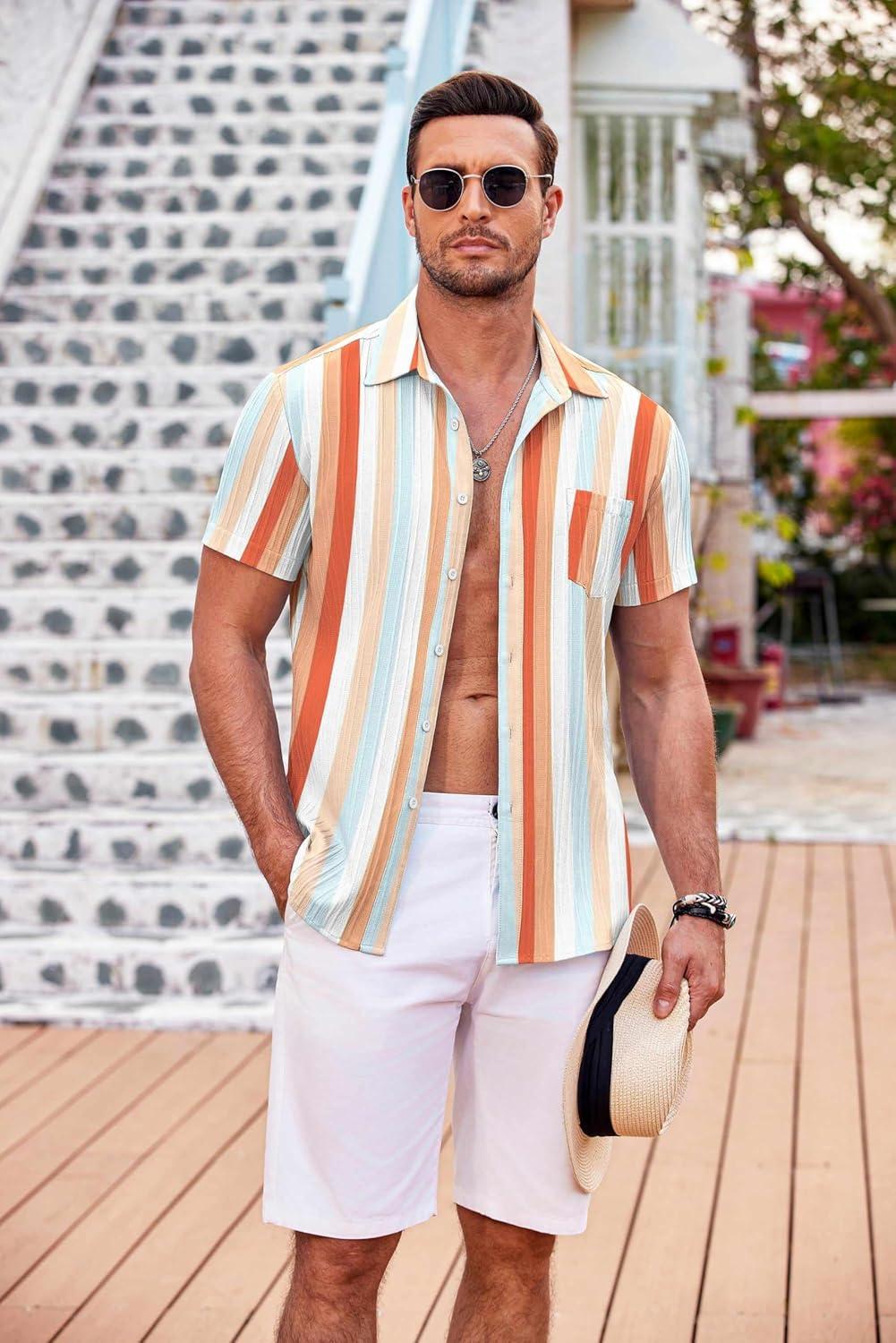 imageCOOFANDY Mens Casual Short Sleeve Shirts Summer Beach Shirt Button Down Textured Shirts Vacation Hawaiian ShirtsRainbow Stripes