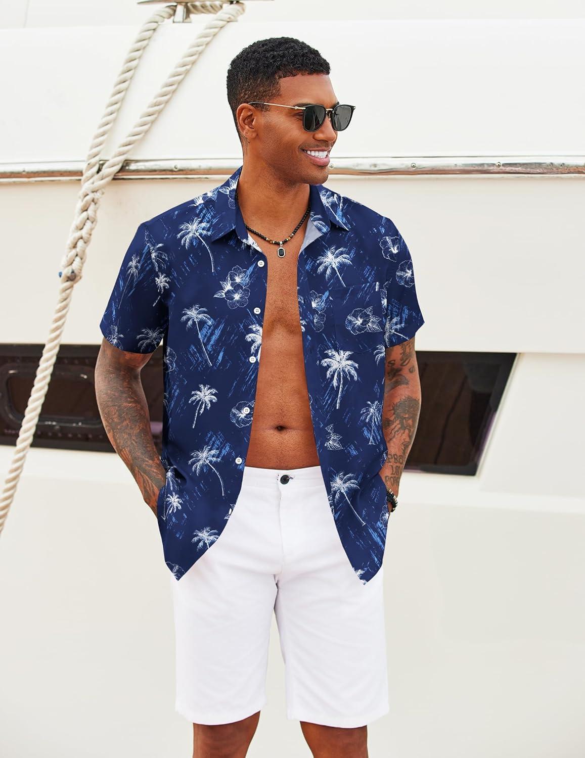 imageCOOFANDY Mens Casual Short Sleeve Shirts Summer Beach Shirt Button Down Textured Shirts Vacation Hawaiian ShirtsRoyal Blue Palm Tree