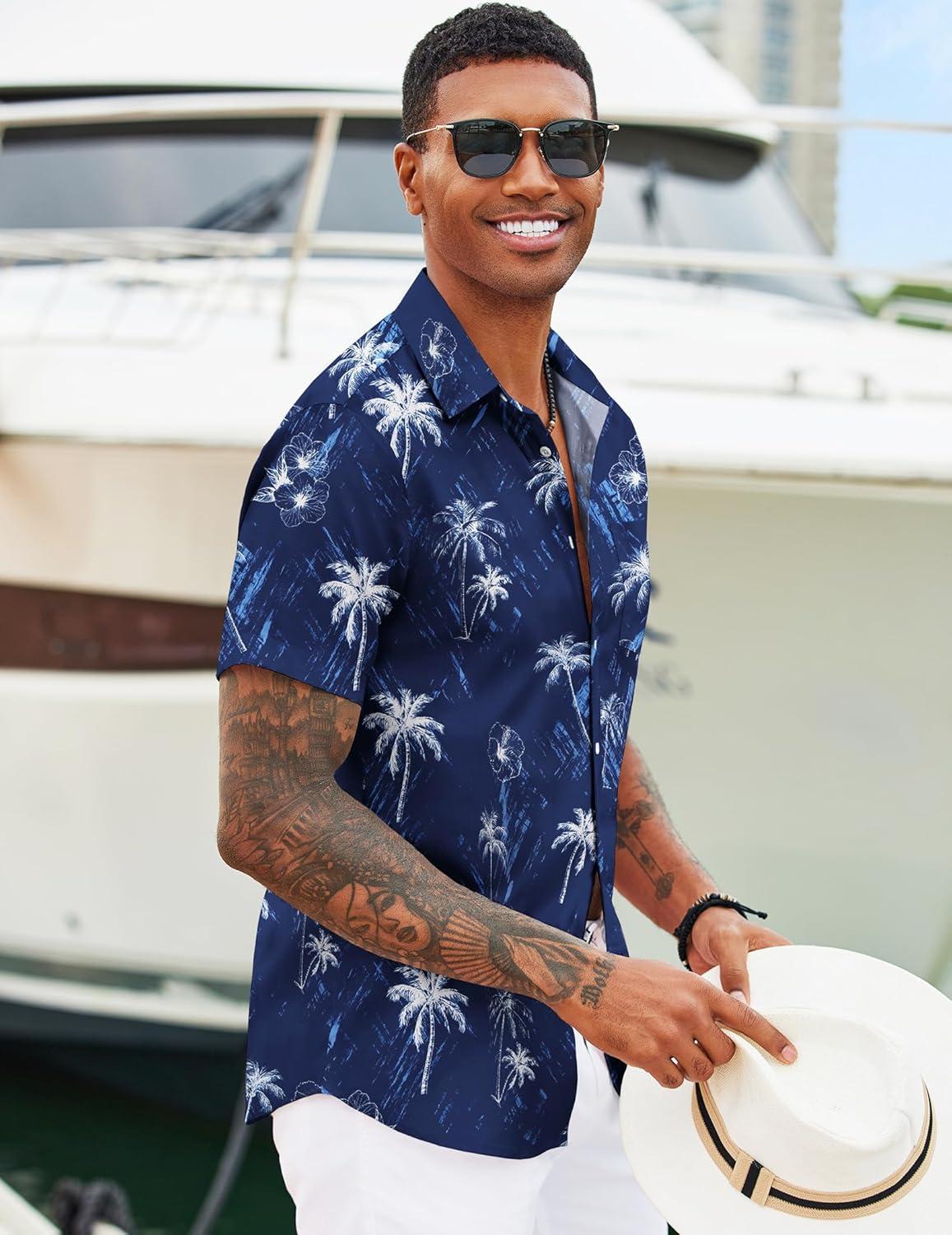 imageCOOFANDY Mens Casual Short Sleeve Shirts Summer Beach Shirt Button Down Textured Shirts Vacation Hawaiian ShirtsRoyal Blue Palm Tree