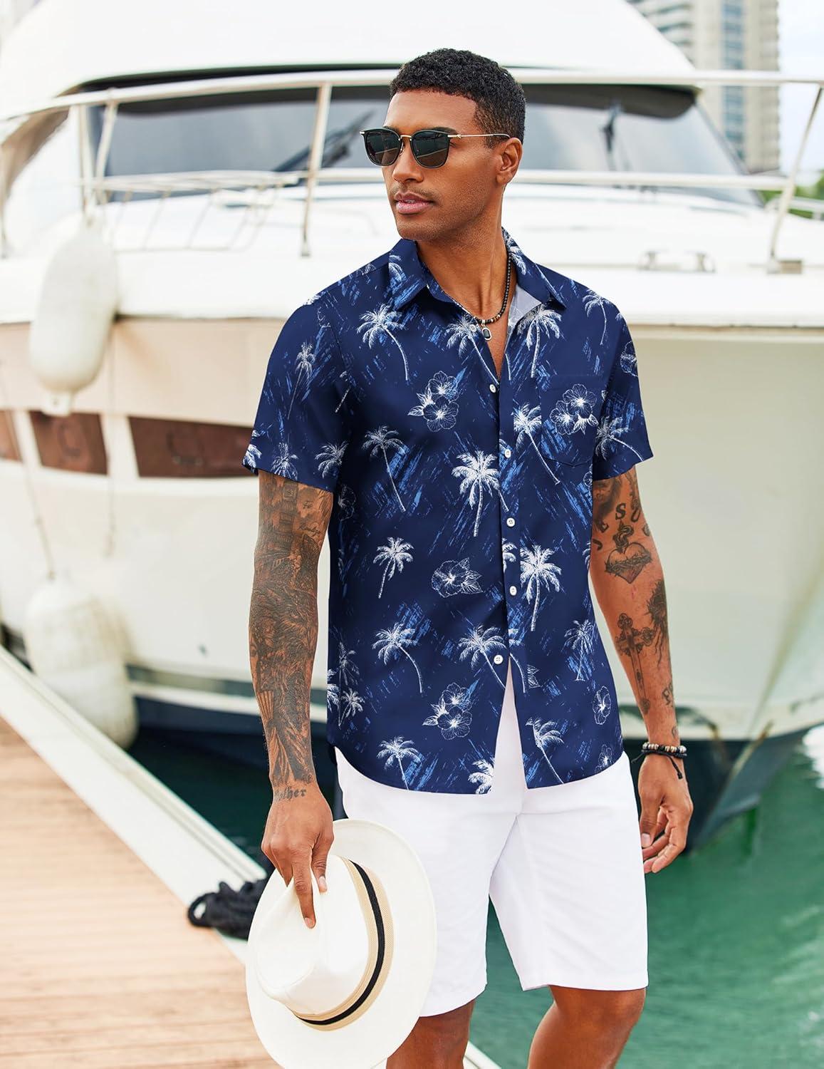 imageCOOFANDY Mens Casual Short Sleeve Shirts Summer Beach Shirt Button Down Textured Shirts Vacation Hawaiian ShirtsRoyal Blue Palm Tree