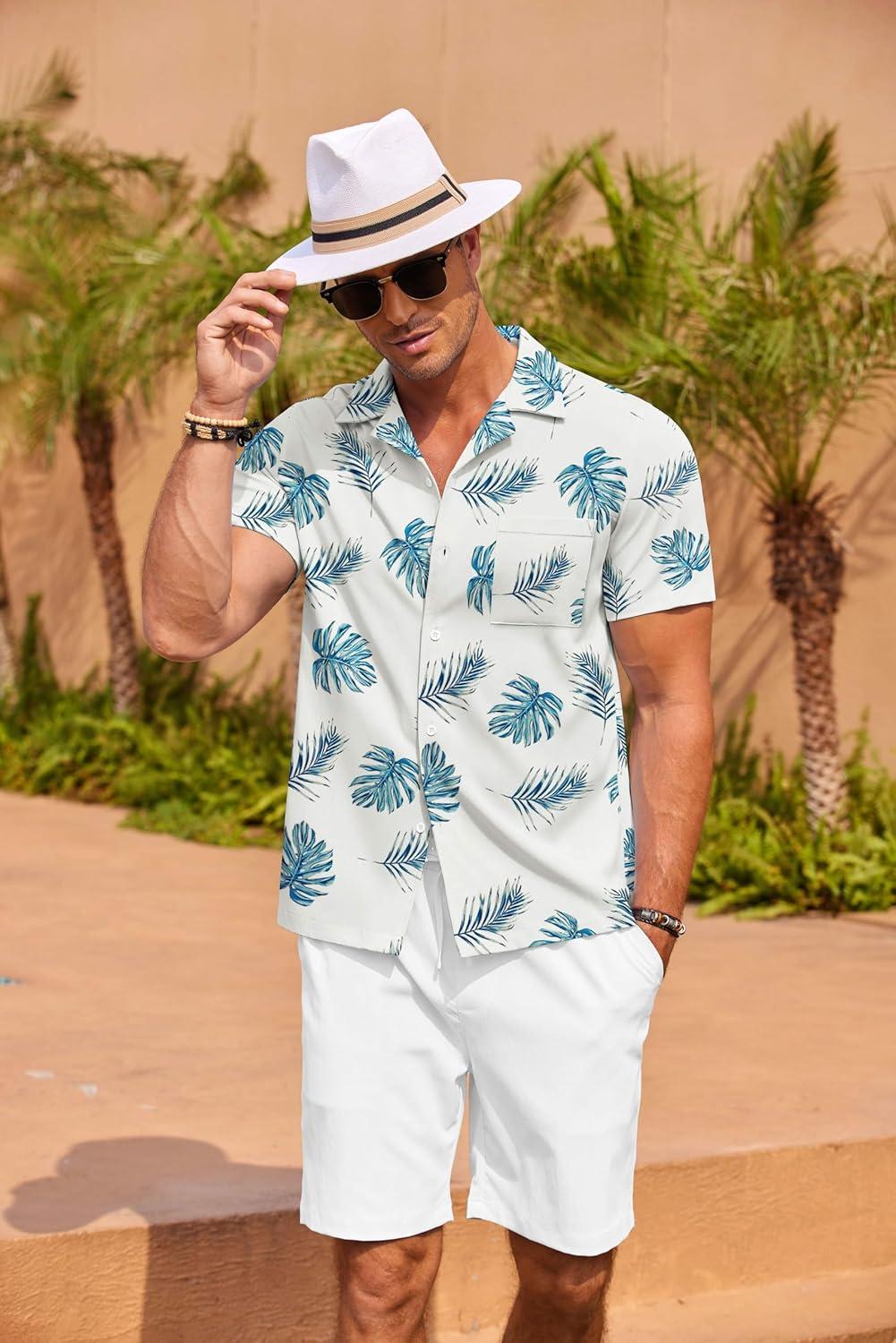 imageCOOFANDY Mens Casual Short Sleeve Shirts Summer Beach Shirt Button Down Textured Shirts Vacation Hawaiian ShirtsWhite Palm Leaf