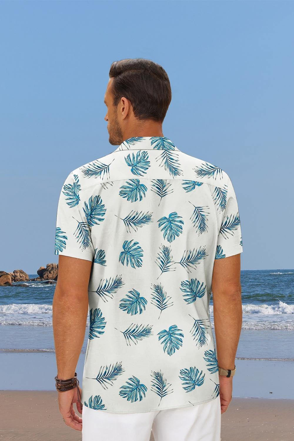 imageCOOFANDY Mens Casual Short Sleeve Shirts Summer Beach Shirt Button Down Textured Shirts Vacation Hawaiian ShirtsWhite Palm Leaf