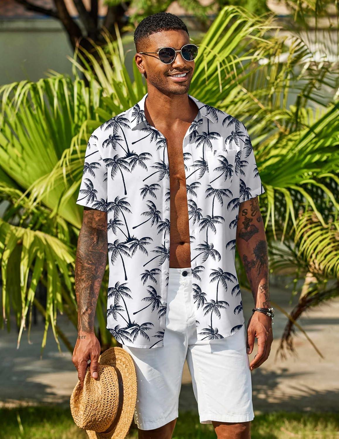 imageCOOFANDY Mens Casual Short Sleeve Shirts Summer Beach Shirt Button Down Textured Shirts Vacation Hawaiian ShirtsWhitecoconut Tree