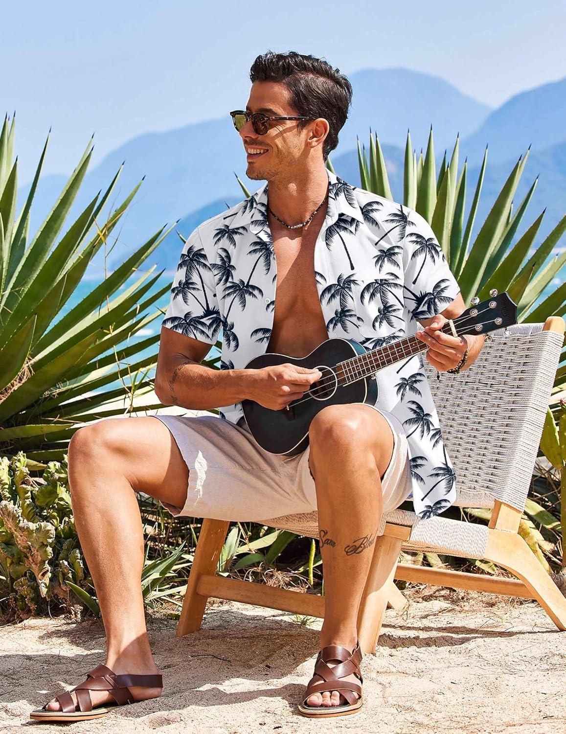 imageCOOFANDY Mens Casual Short Sleeve Shirts Summer Beach Shirt Button Down Textured Shirts Vacation Hawaiian ShirtsWhitecoconut Tree